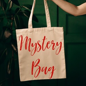 May include: A white canvas tote bag with red lettering that says "Mystery Bag".