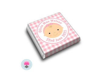 PERSONALISED Baby GIRL Gingham Naming Day Christening Baptism Birthday Party Mini Favour CHOCOLATES (Neapolitan / Squares)