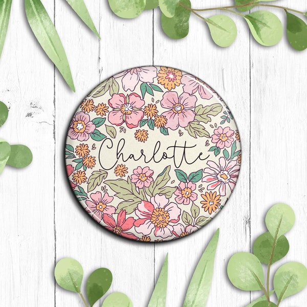 Personalised FLORAL Flower (58 mm / 5.8 cm Ø) Small POCKET MIRROR  Hen/Wedding/Bridesmaid/Birthday/Christmas Stocking/Favour/Gift