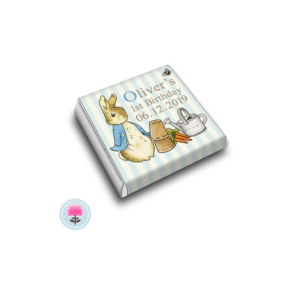 Personalised RABBIT Blue Stripe Birthday Party/Baby Shower/Christening/Any Occasion Favour CHOCOLATES (Neapolitan / Squares)