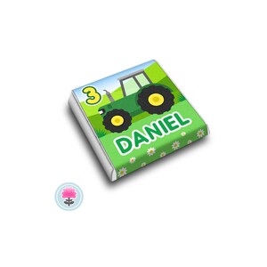 PERSONALISED Green TRACTOR Farm Birthday Party Favour CHOCOLATES (Neapolitan / Squares)