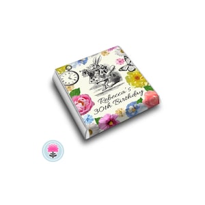 PERSONALISED Alice White RABBIT Birthday Party Favour CHOCOLATES (Neapolitan / Squares)