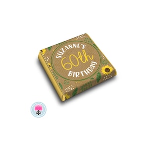PERSONALISED Kraft SUNFLOWER Rustic Birthday Party Favour CHOCOLATES (Neapolitan / Squares)