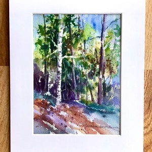 Original Landscape Watercolor Painting, LANDSCAPE WALL ART,  Birch Trees in Woods, Impressionistic Landscape Painting, Loose Style Trees