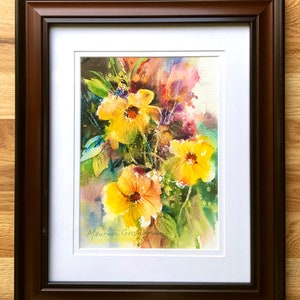 ORIGINAL FLORAL WATERCOLOR Painting, Floral Wall Art, Loose Style Botanical, Yellow Flowers,  Impressionistic