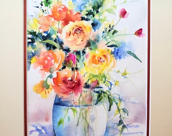 May include: Watercolor painting of a bouquet of orange, yellow, and red flowers in a blue vase. The flowers are arranged in a loose, natural style, and the background is a soft, watercolor wash. The painting is signed "Maureen Gass-Brown" in the lower right corner.