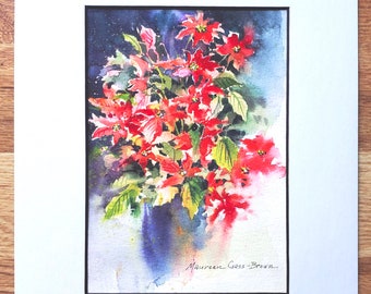 POINSETTIA WATERCOLOR Painting , Floral Wall Art, ORIGINAL Watercolor, Red Flowers, Christmas Gift , Impressionism