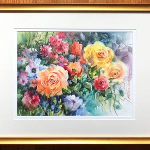 Original FLORAL Watercolor Painting,Floral WALL ART,  Yellow Roses, Wildflower Garden,  Impressionism,  Loose Style Botanical