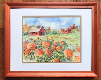 Pumpkin Painting, Autumn Wall Decor, ORIGINAL WATERCOLOR PAINTING, Pumpkin Patch Painting, Halloween Decor, Thanksgiving Decor