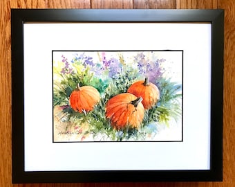 Pumpkin Painting, Autumn Wall Decor, ORIGINAL WATERCOLOR PAINTING, Pumpkin Patch Painting, Halloween Decor, Thanksgiving Decor