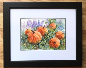 Pumpkin Painting, Autumn Wall Decor, ORIGINAL WATERCOLOR PAINTING, Pumpkin Patch Painting, Halloween Decor, Thanksgiving Decor