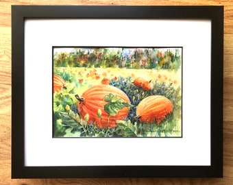 Pumpkin Painting, Autumn Wall Decor, ORIGINAL WATERCOLOR PAINTING, Pumpkin Patch Painting, Halloween Decor, Thanksgiving Decor