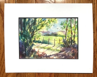 Original Landscape WATERCOLOR Painting  , Trees in Sunlight,  Impressionistic Scenery , Loose Style Landscape