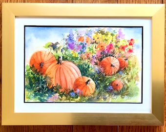 WATERCOLOR PUMPKIN PATCH, Autumn Wall Decor, Original Watercolor Painting , Thanksgiving Decor, Fall Flowers