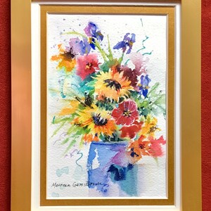 ORIGINAL FLORAL WATERCOLOR Painting, Floral Wall Art, Irises, Sunflowers, Impressionistic