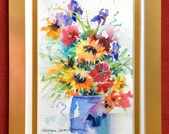 ORIGINAL FLORAL WATERCOLOR Painting, Floral Wall Art, Irises, Sunflowers, Impressionistic