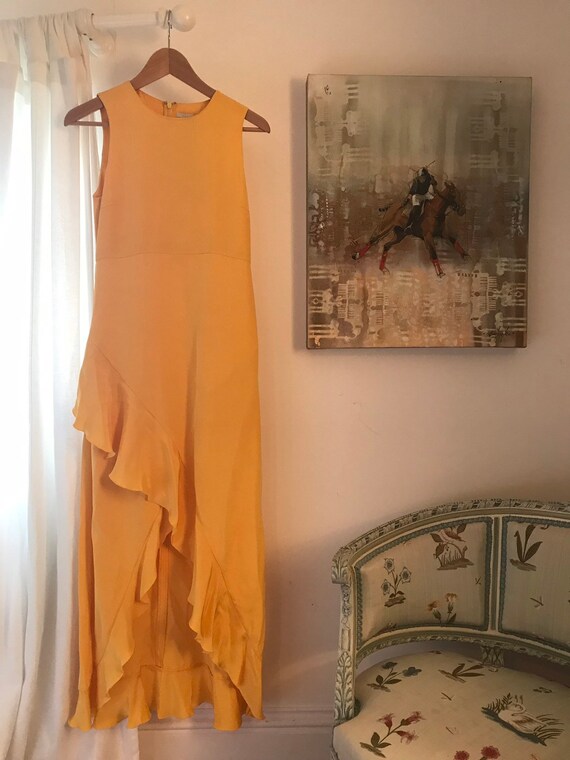 Yellow 100% Silk Midi Dress With Pockets
