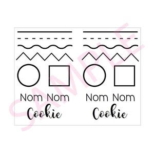 May include: Two black and white printable cookie cards with the text "Nom Nom Cookie" and different patterns and shapes. The patterns include a wavy line, a zig-zag line, a circle, and a square.