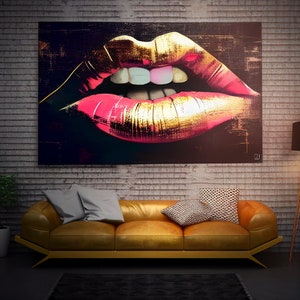 Lips Print | Large Wall Art | Canvas Print | Living Room Décor | Lips Print Modern Matte Canvas, Black Frame