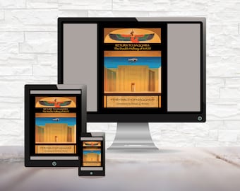 May include: A computer screen, tablet, and smartphone displaying the cover of a book titled "Return to Saqqara: The Double Hallway of Maat." The cover features a golden winged goddess with a blue background and a golden building in the foreground. The text "The Tarot of Saqqara" is also visible on the cover.