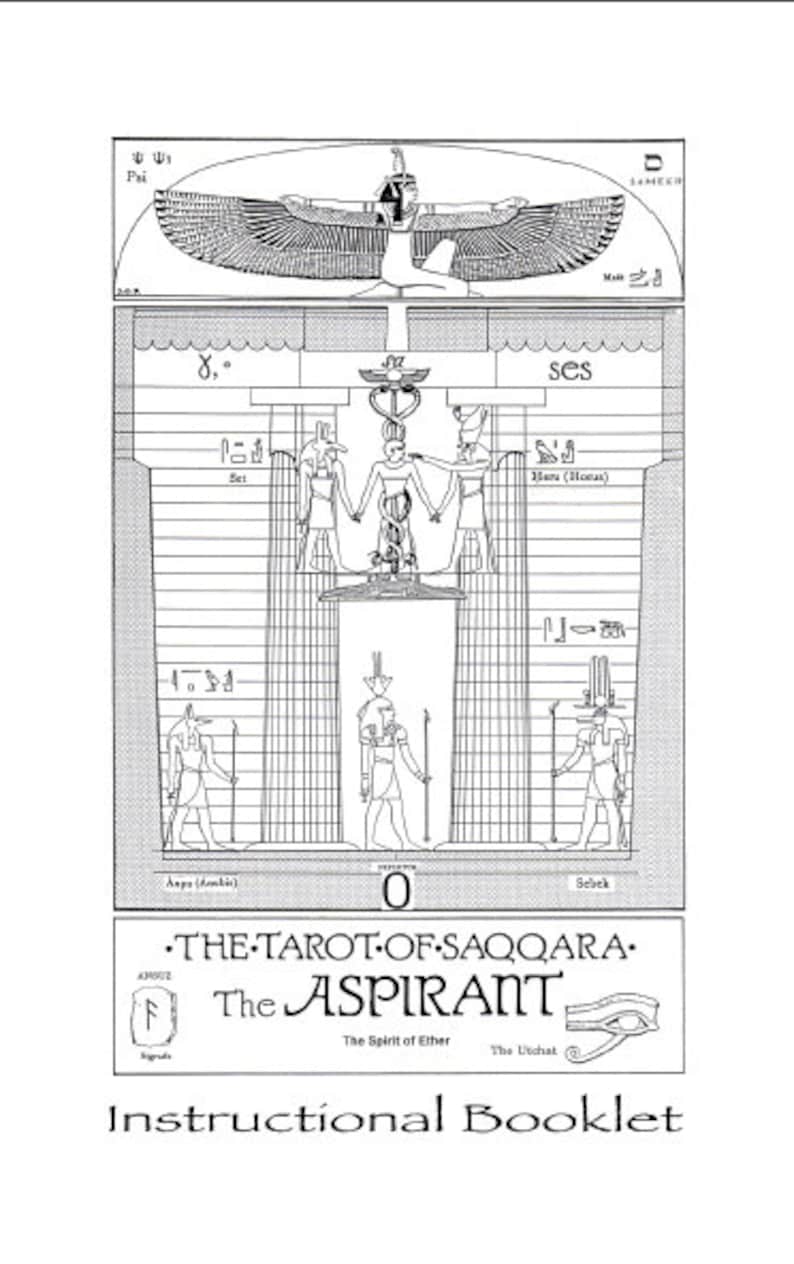 May include: A black and white illustration of a tarot card depicting an Egyptian god with wings and a staff. The card is labelled "The Aspirant" and "0" and is part of "The Tarot of Saqqara".