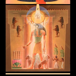 May include: A tarot card illustration depicting a golden figure with a falcon head, standing in a temple with a winged goddess above. The card is titled "The Sun" and is part of "The Tarot of Saqqara."