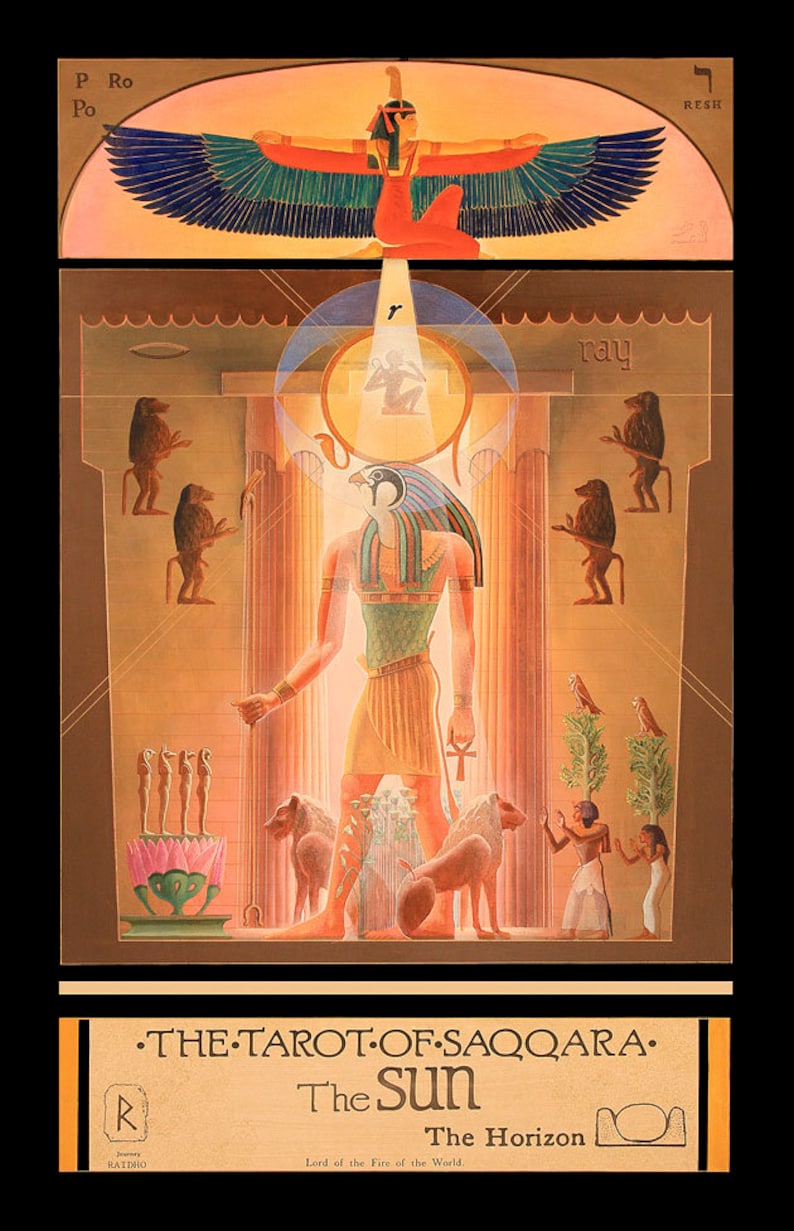 May include: A tarot card illustration depicting a golden figure with a falcon head, standing in a temple with a winged goddess above. The card is titled "The Sun" and is part of "The Tarot of Saqqara."