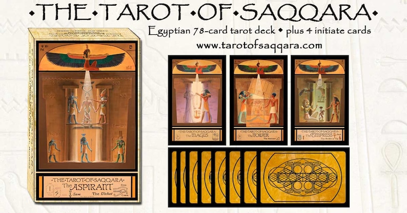 May include: A box of The Tarot of Saqqara Egyptian 78-card tarot deck, plus 4 initiate cards. The box features a colourful illustration of an Egyptian goddess with outstretched wings, and the text "The Tarot of Saqqara" and "The Aspirant".