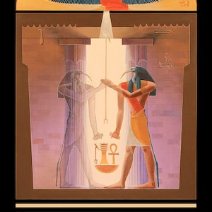 May include: The Magus tarot card from The Tarot of Saqqara deck features a winged goddess in the top panel, and two figures in the bottom panel. The figures are holding a scale with an ankh symbol on one side and a cup on the other. The card is set against a background of a golden temple with pillars.