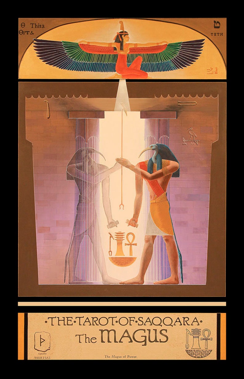 May include: The Magus tarot card from The Tarot of Saqqara deck features a winged goddess in the top panel, and two figures in the bottom panel. The figures are holding a scale with an ankh symbol on one side and a cup on the other. The card is set against a background of a golden temple with pillars.