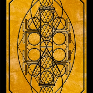 May include: A black and white geometric design on a gold background. The design is made up of circles, squares, and triangles. The design is symmetrical and has a repeating pattern.