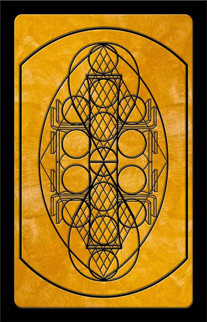 May include: A black and white geometric design on a gold background. The design is made up of circles, squares, and triangles. The design is symmetrical and has a repeating pattern.