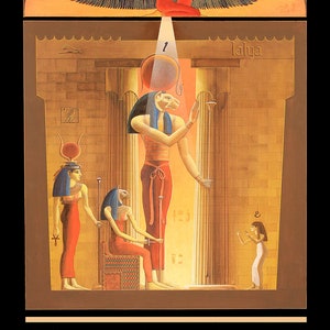 May include: A tarot card illustration featuring a winged woman, a crowned woman, and a woman holding a staff. The card is titled "Life Force [Sekhem]" and is from the "Tarot of Saqqara" deck. The card is set against a backdrop of a golden temple.