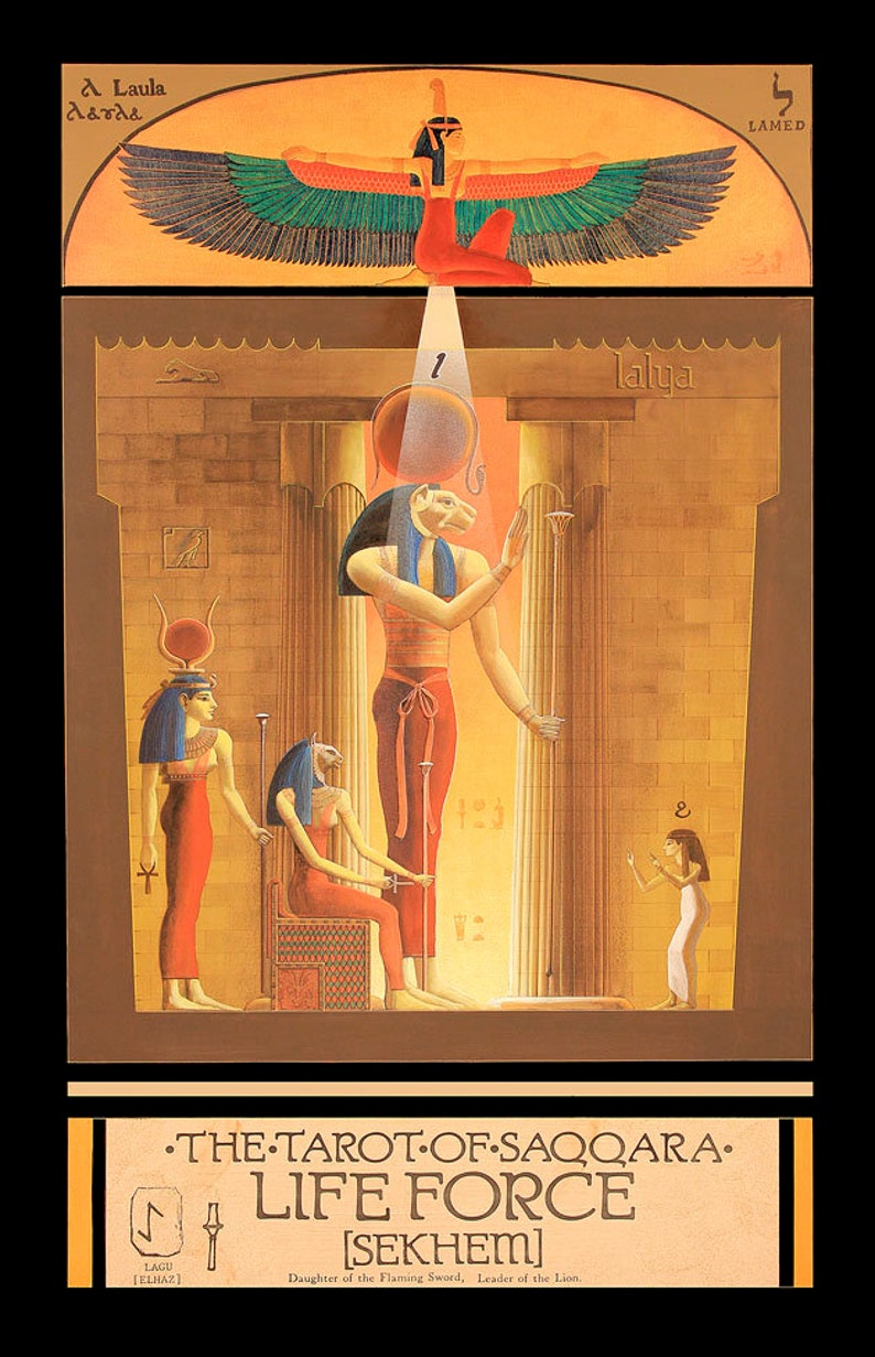 May include: A tarot card illustration featuring a winged woman, a crowned woman, and a woman holding a staff. The card is titled "Life Force [Sekhem]" and is from the "Tarot of Saqqara" deck. The card is set against a backdrop of a golden temple.