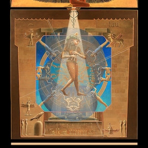 May include: A vintage tarot card illustration depicting a woman standing in a circle of figures, with a winged goddess above and the text "THE TAROT-OF-SAQQARA. EARTH in the UNIVERSE" below. The card features a blue and gold colour scheme and intricate details.