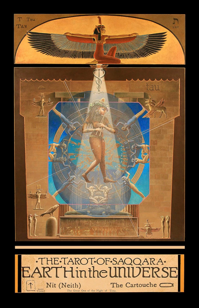 May include: A vintage tarot card illustration depicting a woman standing in a circle of figures, with a winged goddess above and the text "THE TAROT-OF-SAQQARA. EARTH in the UNIVERSE" below. The card features a blue and gold colour scheme and intricate details.