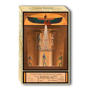 May include: The Tarot of Saqqara: The Aspirant card features a colourful illustration of a winged goddess, a man standing in a temple, and the text "The Tarot of Saqqara: The Aspirant".