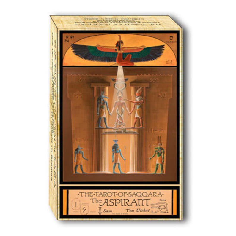 May include: The Tarot of Saqqara: The Aspirant card features a colourful illustration of a winged goddess, a man standing in a temple, and the text "The Tarot of Saqqara: The Aspirant".