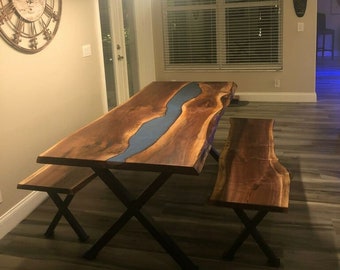 Beautiful black walnut river dinning table, matching benches,epoxy,resin,custom, ecopoxy, steel legs, dinning room, kitchen,
