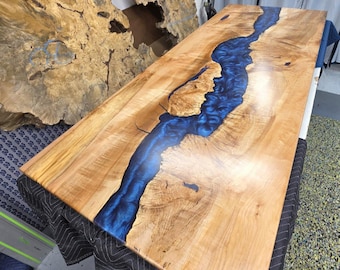 Custom Maple Epoxy River Dining Table | Live Edge Wood Table | Handmade Luxury Furniture | Blue Epoxy River | Made to Order
