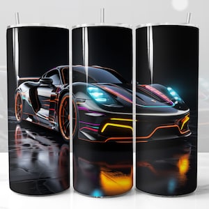 Neon 3D Sport Car Design for Tumbler, STRAIGHT 20oz Skinny Tumbler Wrap Sublimation, Men Tumbler Wrap PNG
