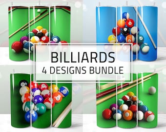 Billiards Pool Designs for Tumbler, Pool Pocket Green Blue Table Balls, Set of 3 Wrap PNG for 20 oz Skinny Tumbler Sublimation