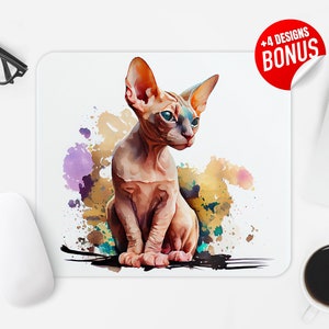 Sphynx Mouse Pad Sublimation Design, Watercolor Baby Sphynx Kitten Cat Lover Computer Mouse Pad PNG Image, Mouse Pad Template