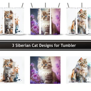 Siberian Cat Designs Bundle, Alcohol Ink, Colorful Kitten Cute Watercolor, Set of 3 Wrap PNG for 20 oz Skinny Tumbler Sublimation