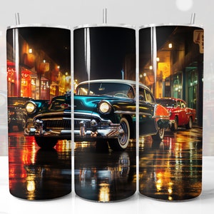 Classic Cars Design for Tumbler, Colorful Night Black Background Old Collection Cars, STRAIGHT 20oz Skinny Tumbler Wrap Sublimation
