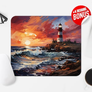 Lighthouse Mouse Pad Sublimation Design, Nautical Sunset Computer Mouse Pad PNG Image, Printable Square Mouse Pad Template Digital Download