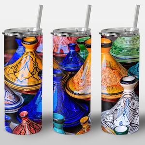 Colorful Pottery Tajin Design for Tumbler, Multicolor Moroccan Tajine, STRAIGHT 20oz Skinny Tumbler Wrap Sublimation Image