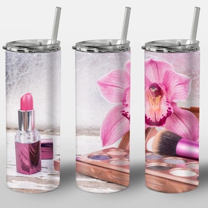 Make-up-Design für Becher, PNG-Bild, Rosa Blumen Make-up Artist Lippenstift & Pinsel Business, GERADE 20 Unzen Skinny Tumbler Wrap Sublimation