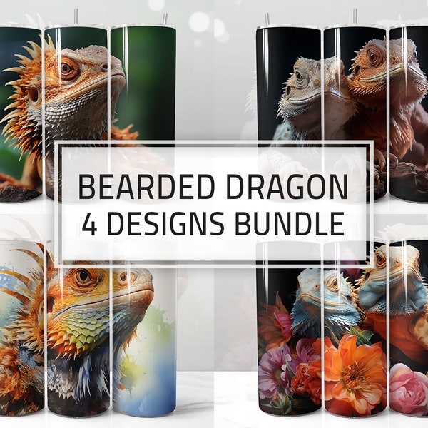 3D Bearded Dragon Designs Bundle, Alcohol Ink, Bearded Dragon Reptiles Watercolor, Set of 4 Wrap PNG for 20 oz Skinny Tumbler Sublimation