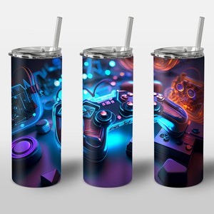 GamePad Design for Tumbler, Alcohol Ink Art, Neon Gaming Lighting Setup, STRAIGHT 20oz Skinny Tumbler Wrap Sublimation Design
